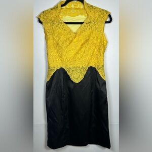 Bridgerton Vibes! Karen Millen Yellow Lace and Black Satin Dress. Size 16